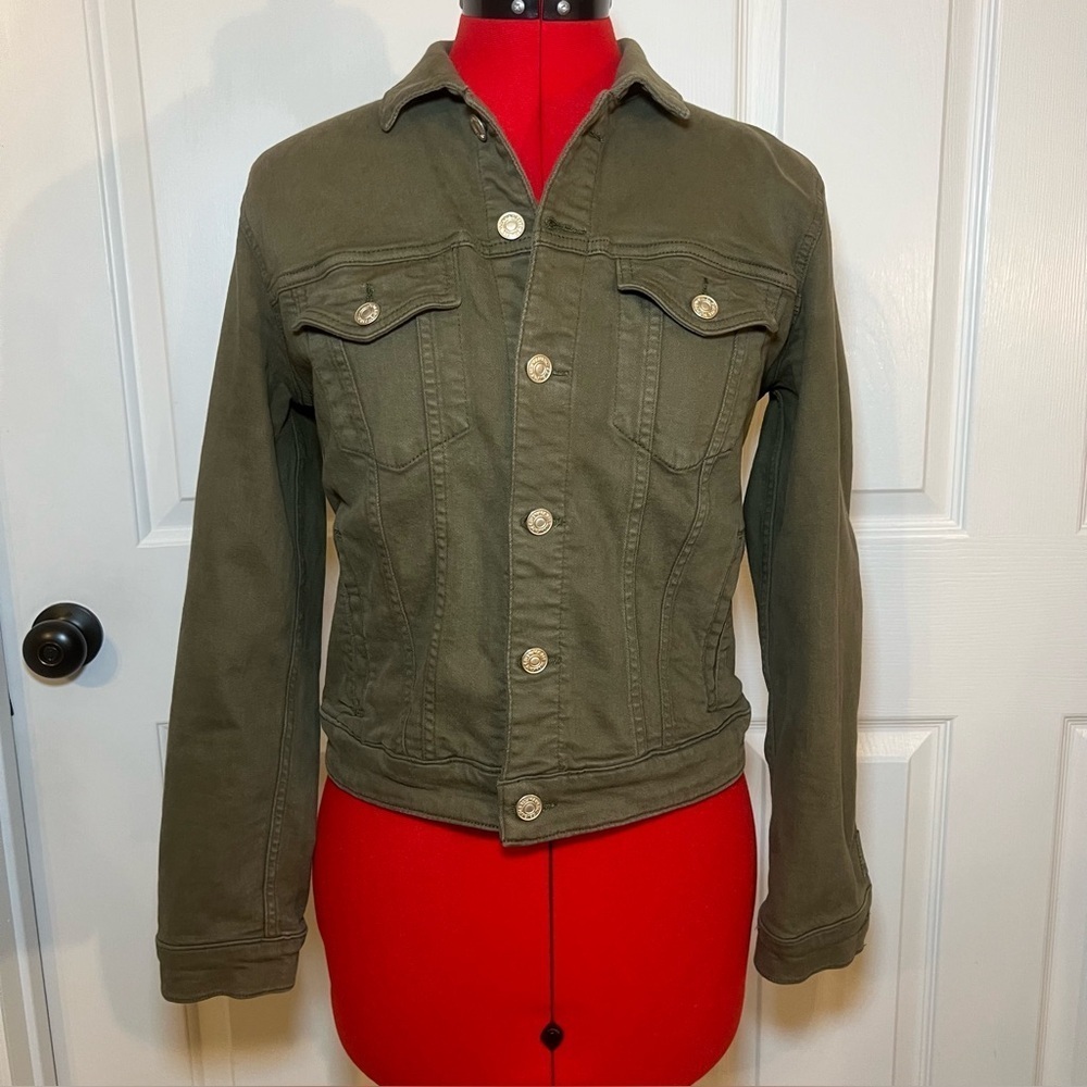 7 for all Mankind Olive Army Green Denim Jean Jacket Womens XS - Stretch